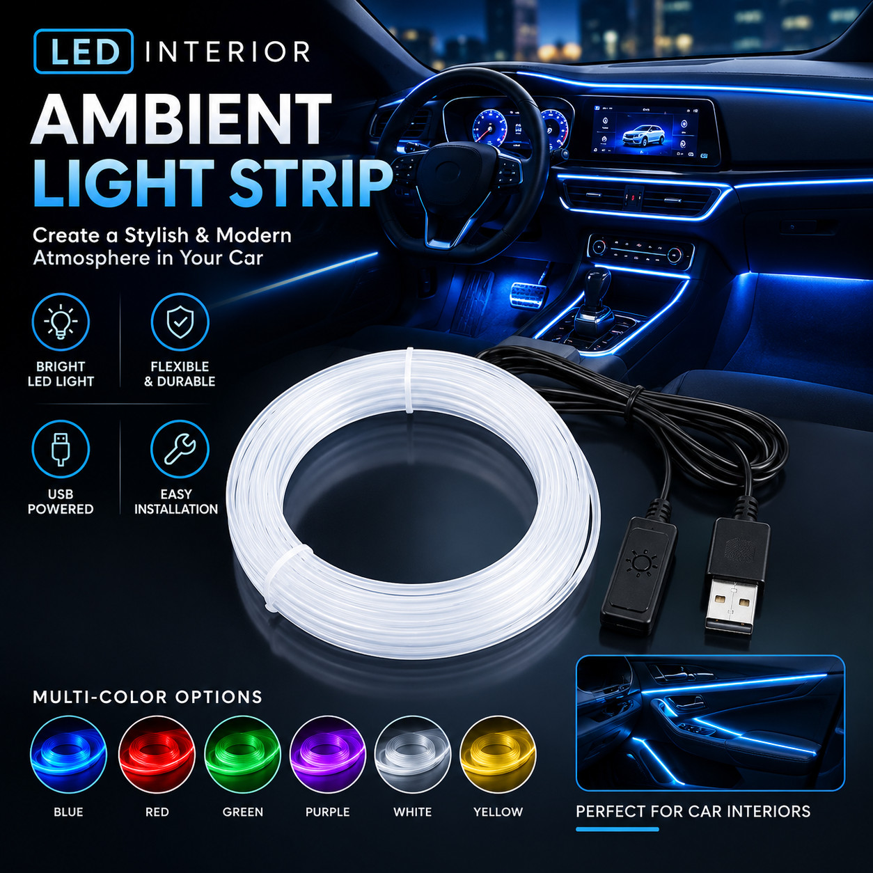 USB LED RGB Car Interior Ambient Light Strip Neon Mood Lighting Auto Styling Kit