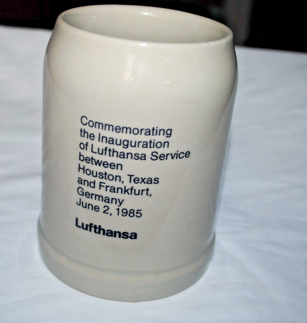 1985 Lufthansa Airlines beer stein, Germany, commem. service to Houston, Texas
