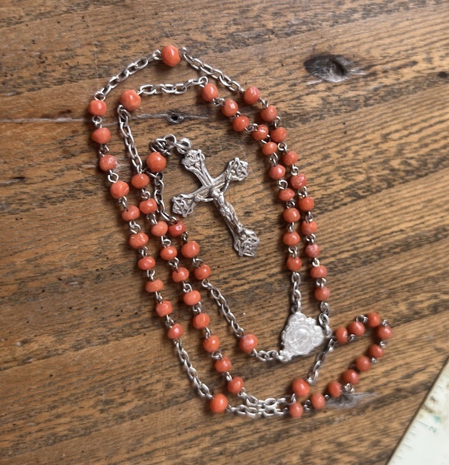 Antique French Rosary Real Coral Beads Orange Solid Sterling Silver 13” Prayer