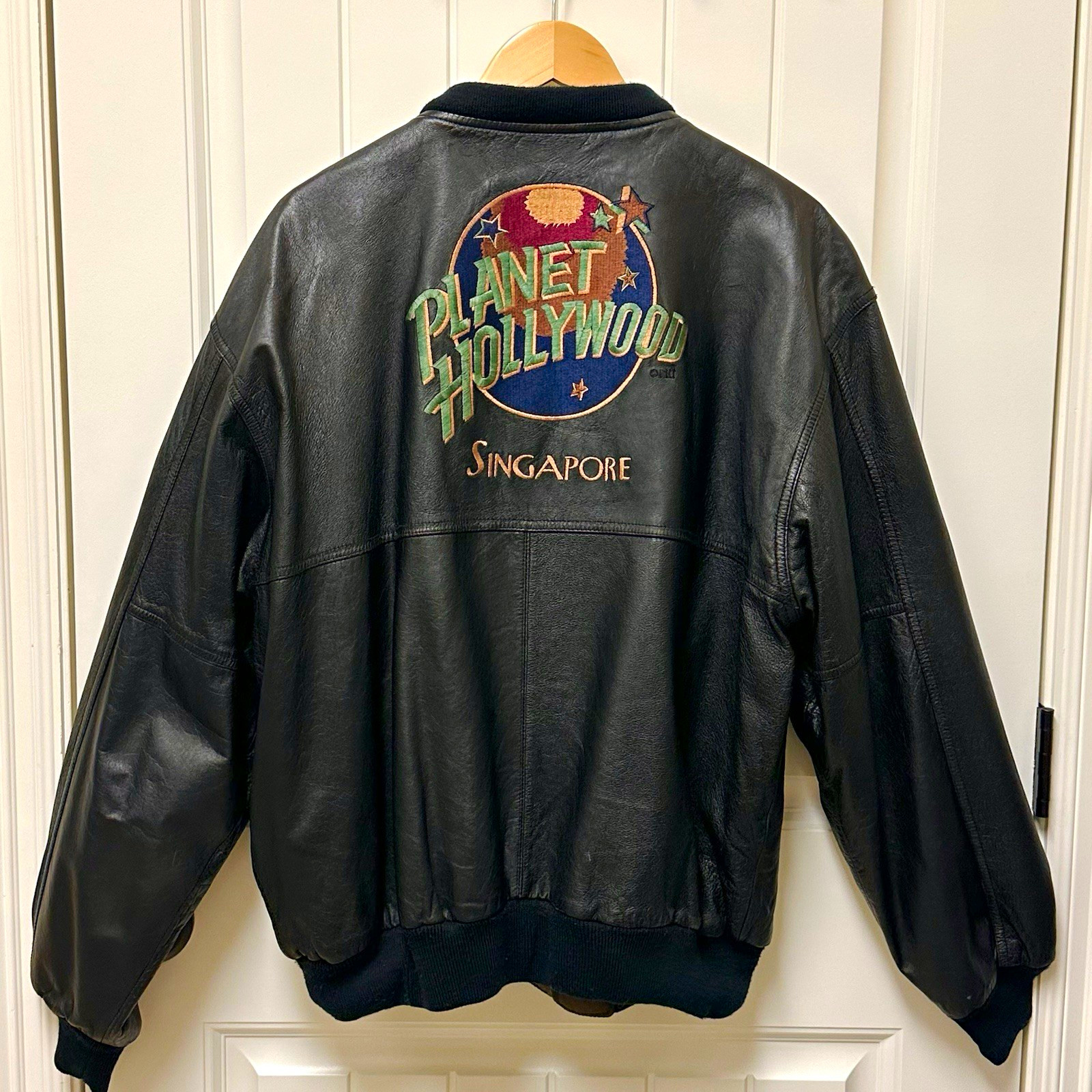 Planet Hollywood Vintage Reversible Black Leather Jacket Singapore Embroidered