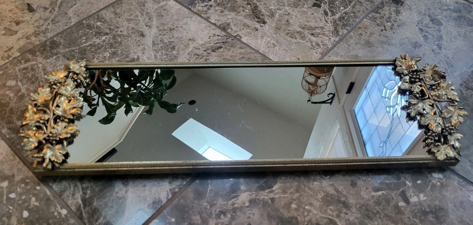 Vtg Hollywood Regency Gold Rectangular  Mirror Vanity Tray Ornate Handles 20x6\