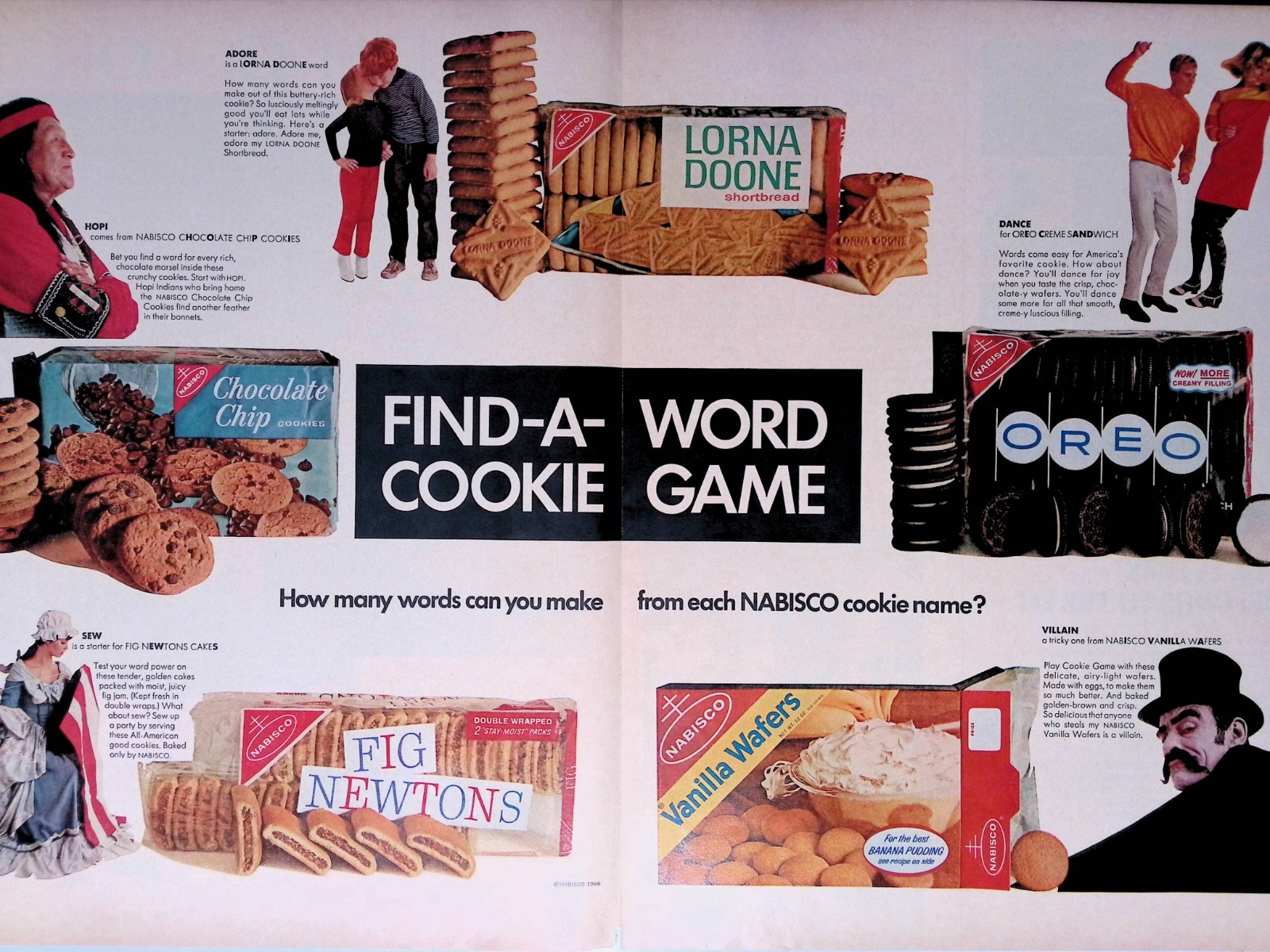 1966 Nabisco Cookies Oreo Fig Newton Find Word Cookie Game Print Ad LIFE March 4