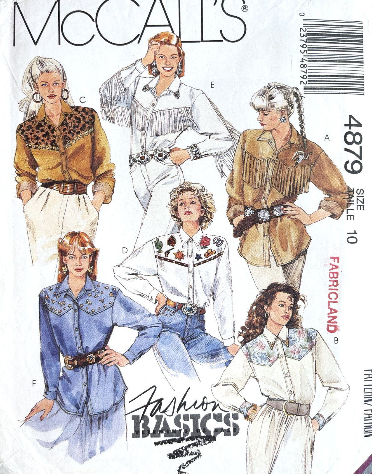 1990's McCall's Misses' Western Shirt Pattern 4879 Size 10 UNCUT