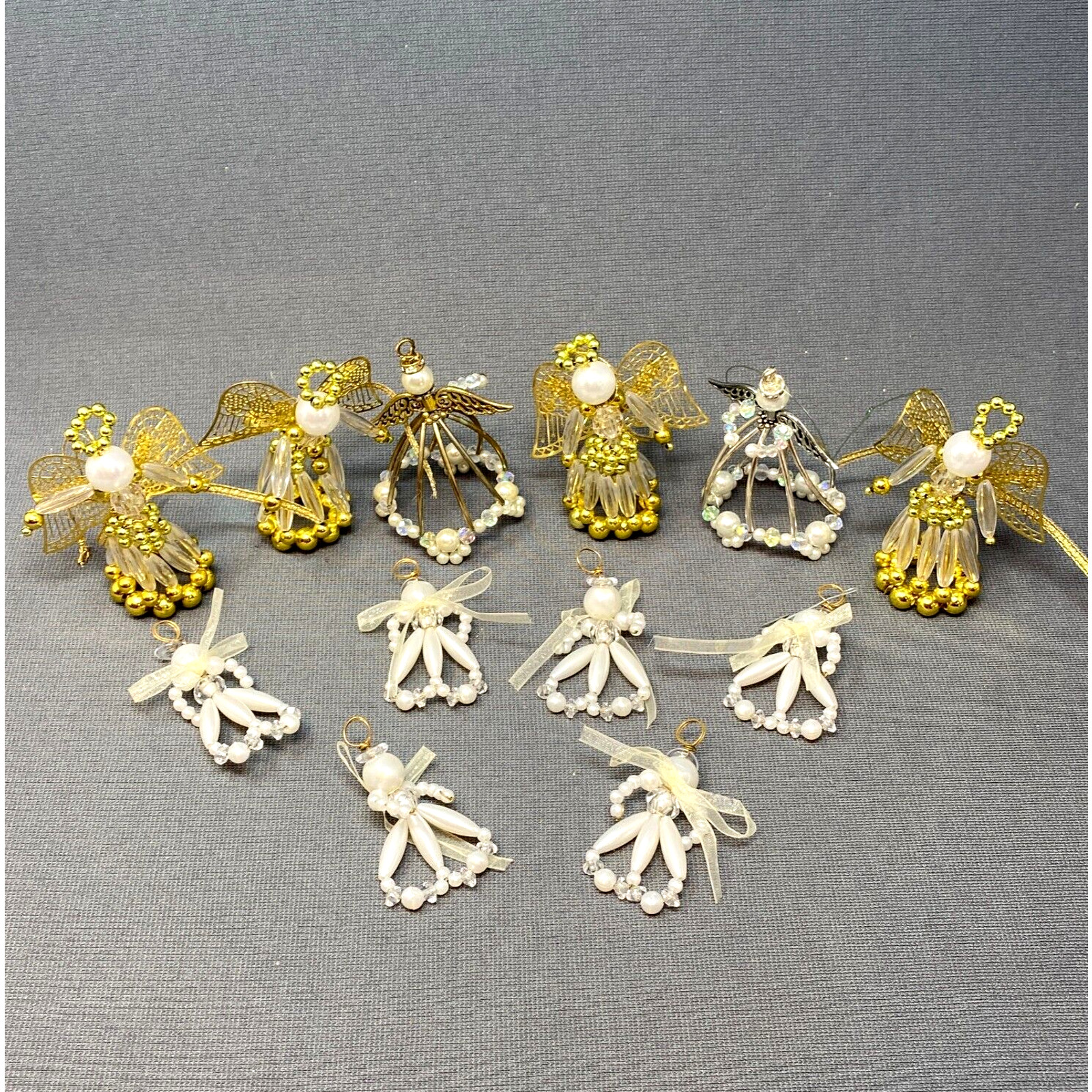 Vintage Handmade Beaded Angel Christmas Ornaments Golden White Silver Lot of 12