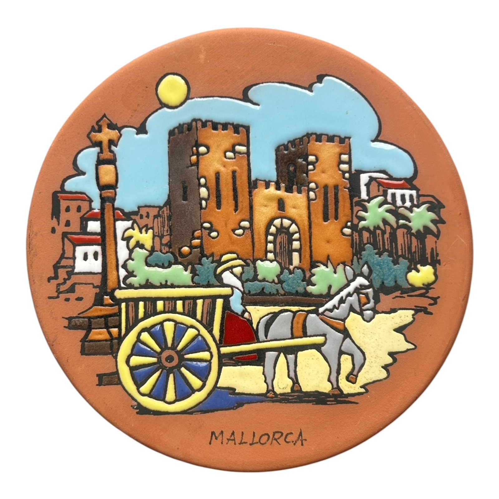 Vintage Mallorca Spain Hand-Painted Ceramic Trivet Plaque Castle Horse Cart 6.75