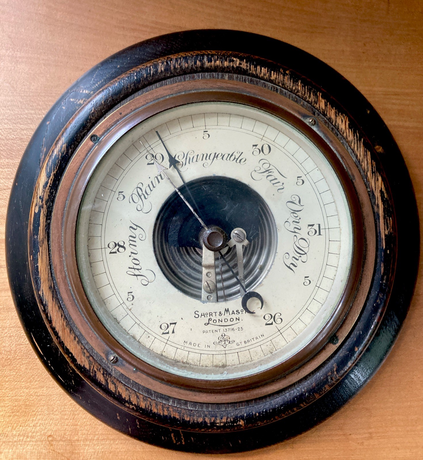 Rare Antique  SHORT & MASON Aneroid Barometer /Wood & Copper London England 1925