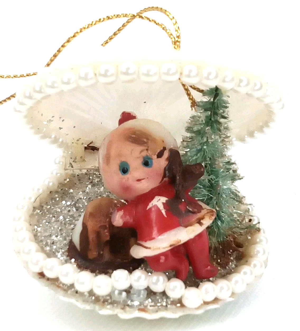 Vintage 1950s Elfin Claus Clam Shell Diorama Christmas Ornament MCM Japan Kitsch