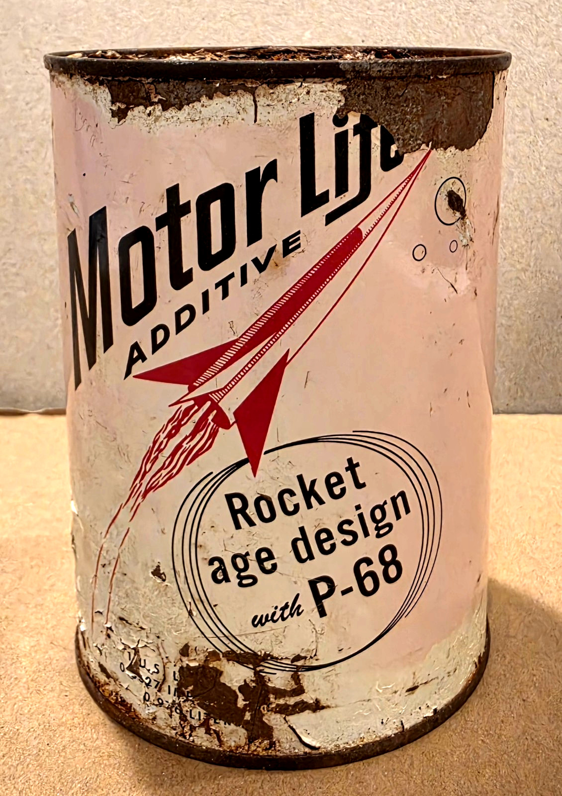 RARE Motor Life Additive ROCKET age design 1 quart Oil Can - FULL - Metal - qt