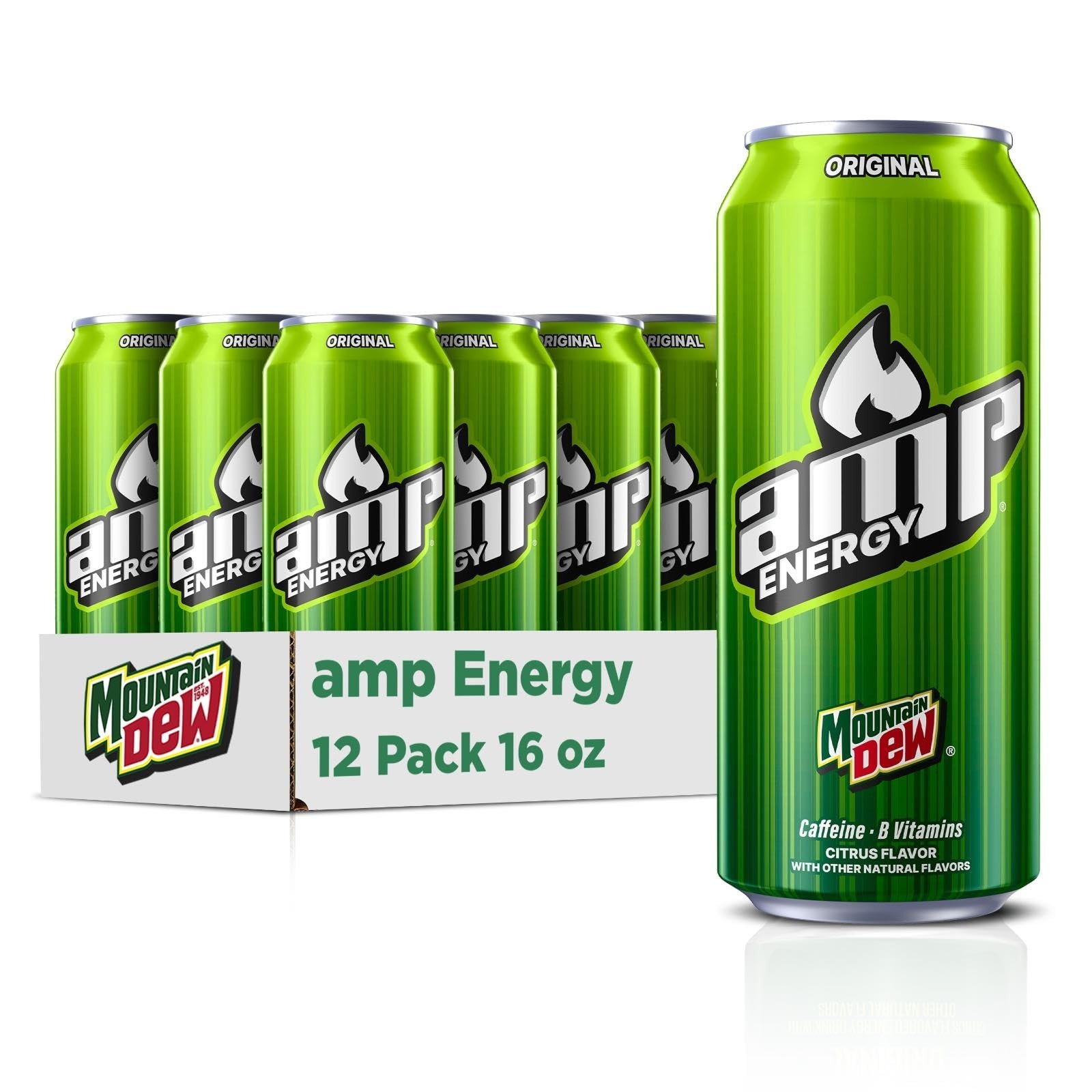 Mountain Dew AMP Energy Drink, Original, 16 fl 16 Fl Oz (Pack of 12), Yellow
