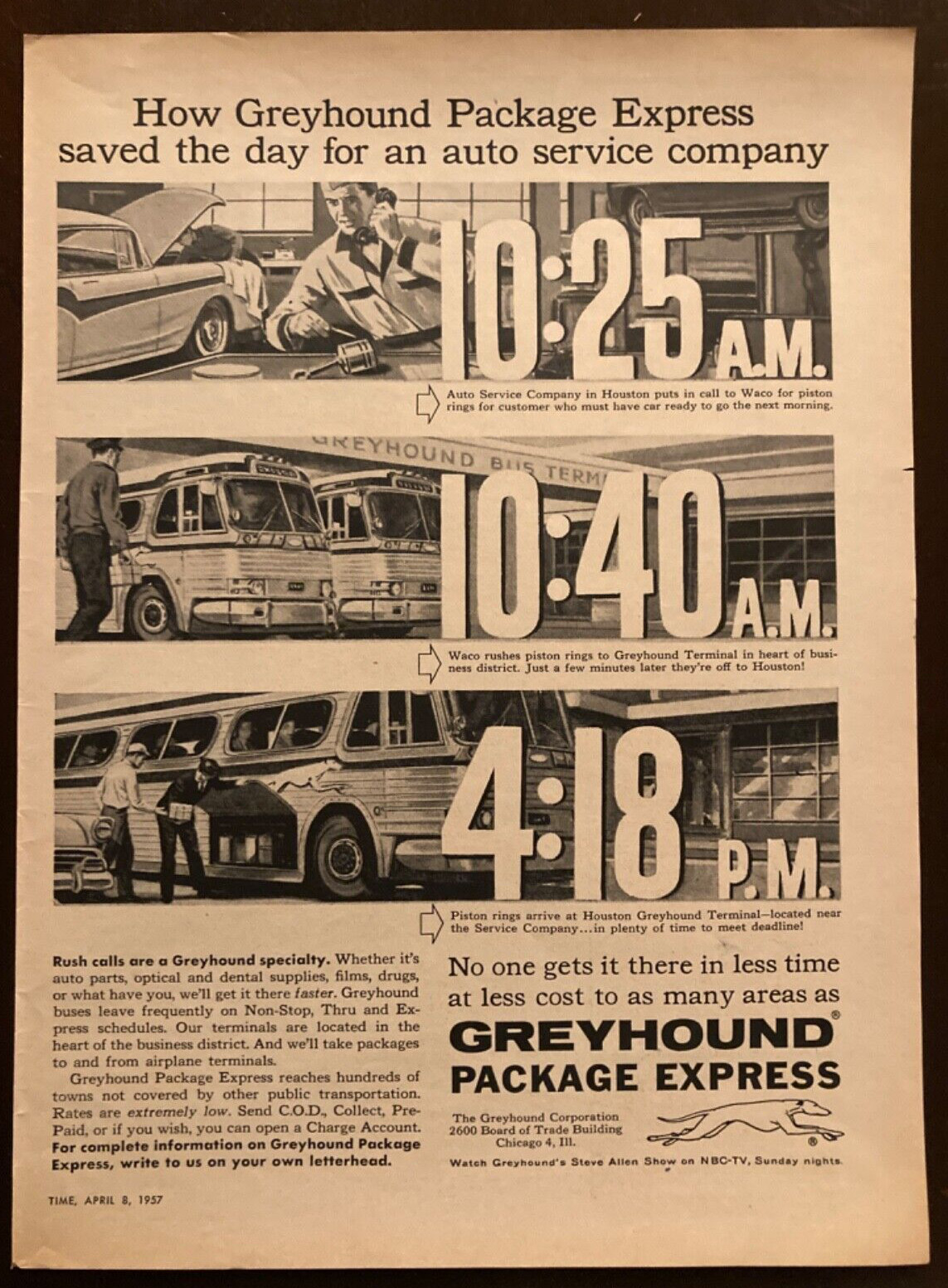 1957 Time Magazine ad - GREYHOUND BUS PACKAGE EXPRESS, FULL PAGE
