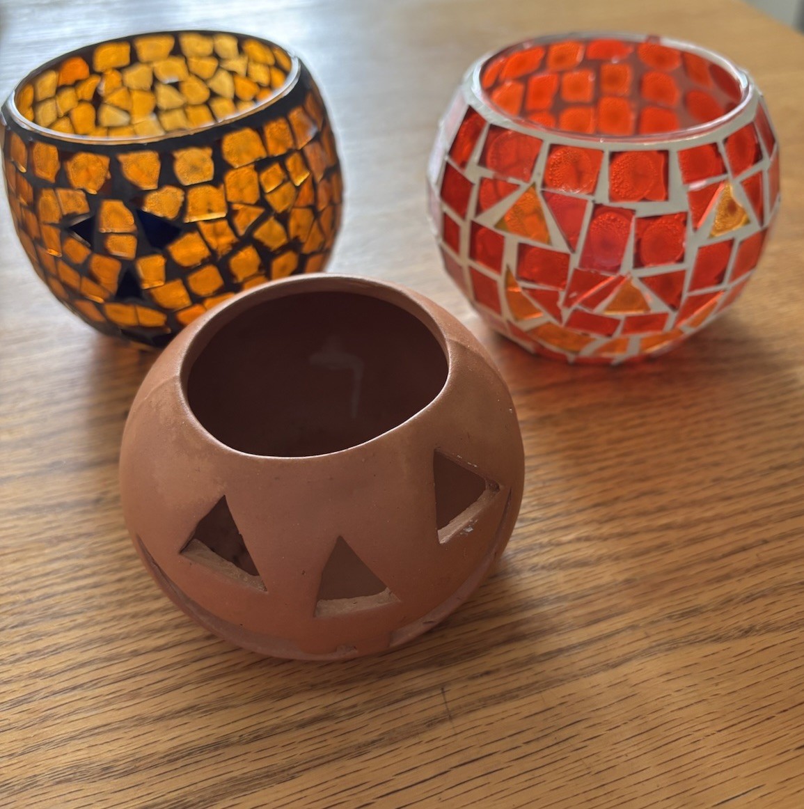 Last Chance Halloween Vtg Jack-O-lantern Mosaic & Pottery Votive Lot Of 3