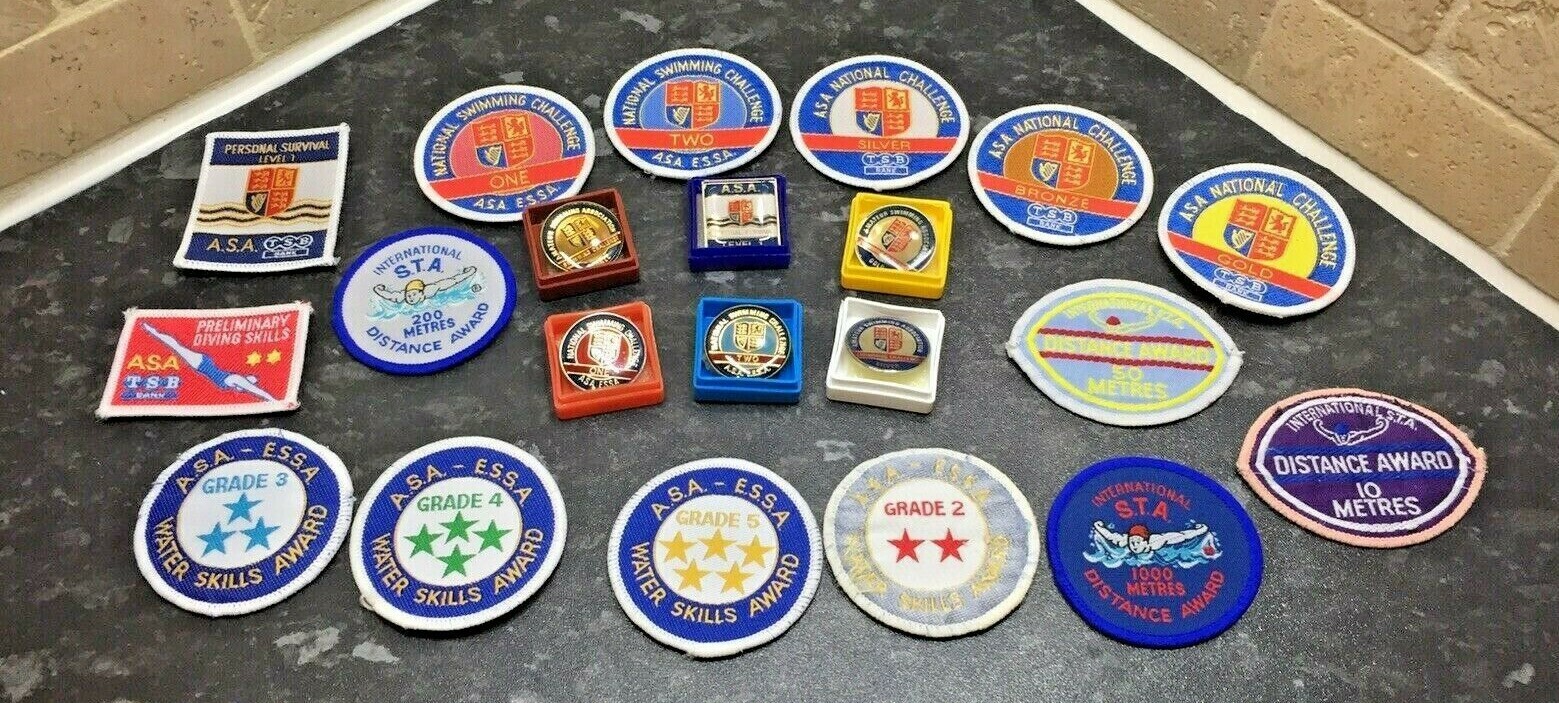 VINTAGE 1991 JOB LOT ASA TSB SWIMMING CHALLENGE x20 BADGES PIN BADGES TOTAL