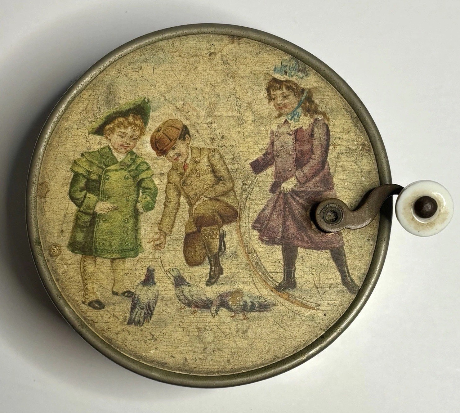 Antique German Tin Litho Manivelle Music Box Hand Crank Children Pigeons WORKS