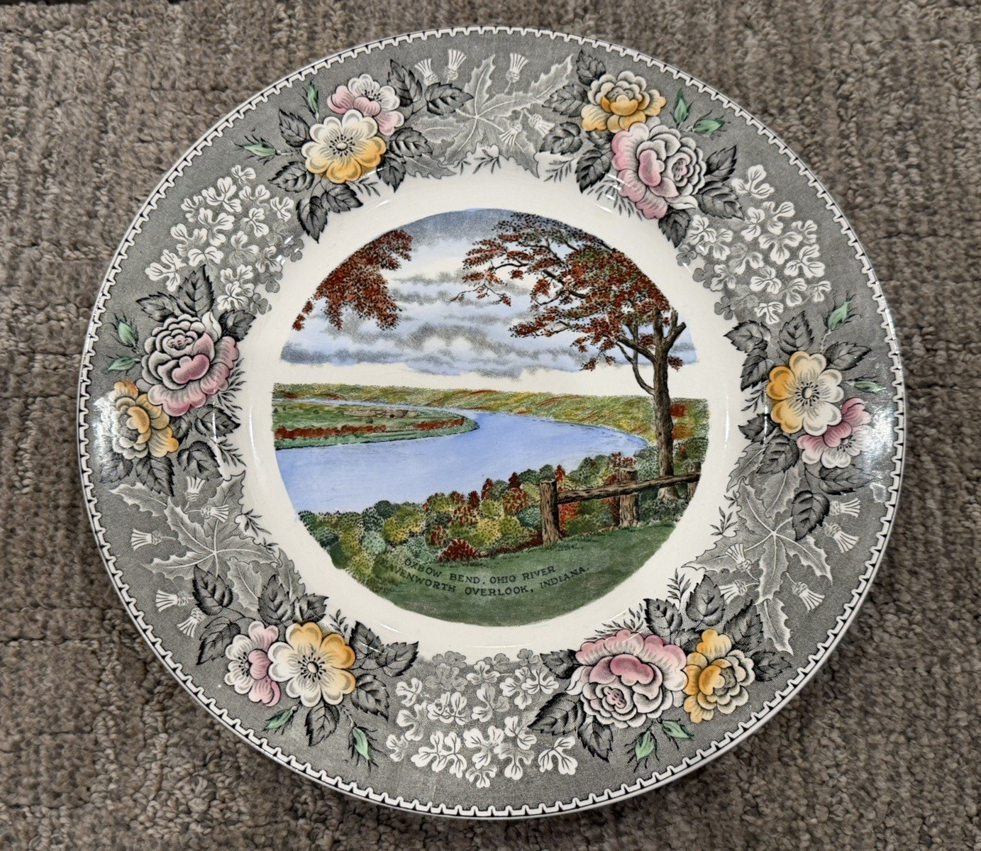LEAVENWORTH OVERLOOK IN OXBOW BEND OH RIVER OLD ENGLISH STAFFORDSHIRE PLATE EUC