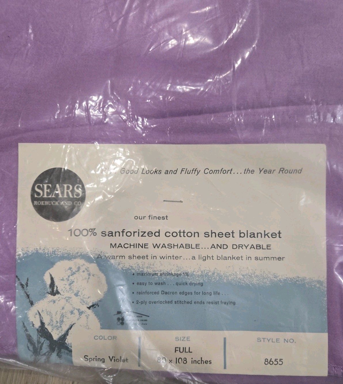 VTG 70\'s Sears Spring Violet Full Sheet Blanket 100% Cotton 80x108\
