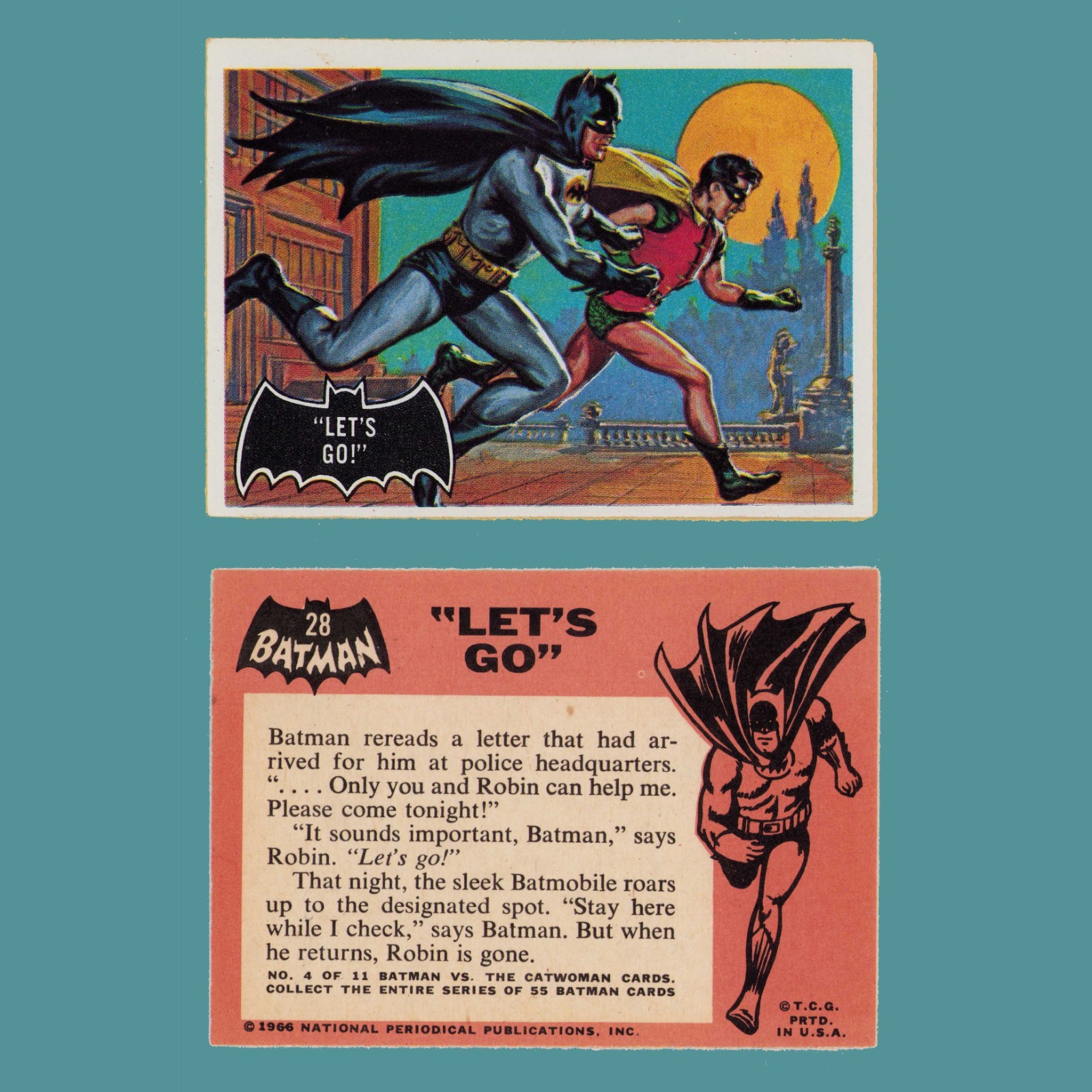 Original 1966 Topps Batman & Robin • Black Bat Logo • Card # 28 • Let's Go NM