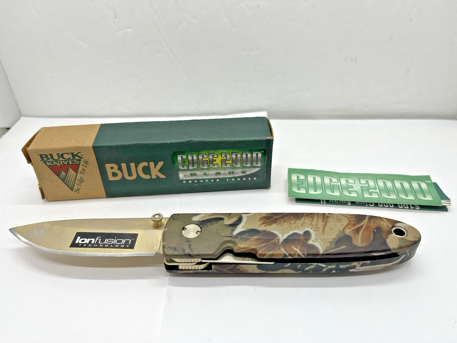 Vintage 1994 Camo Buck Knife, Ion Fusion, Made in USA,  model B180-CH-0
