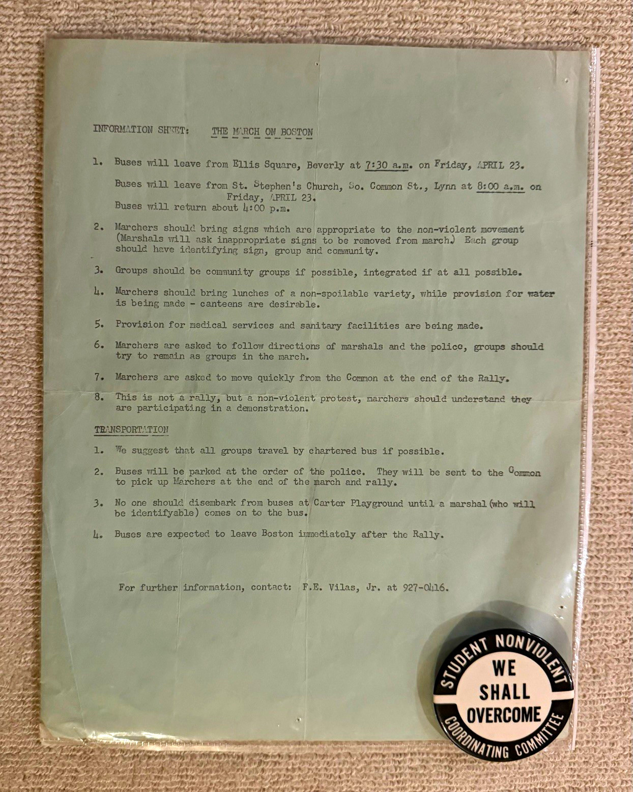 The March on Boston Information Sheet w/ Student Nonviolent Button Militaria