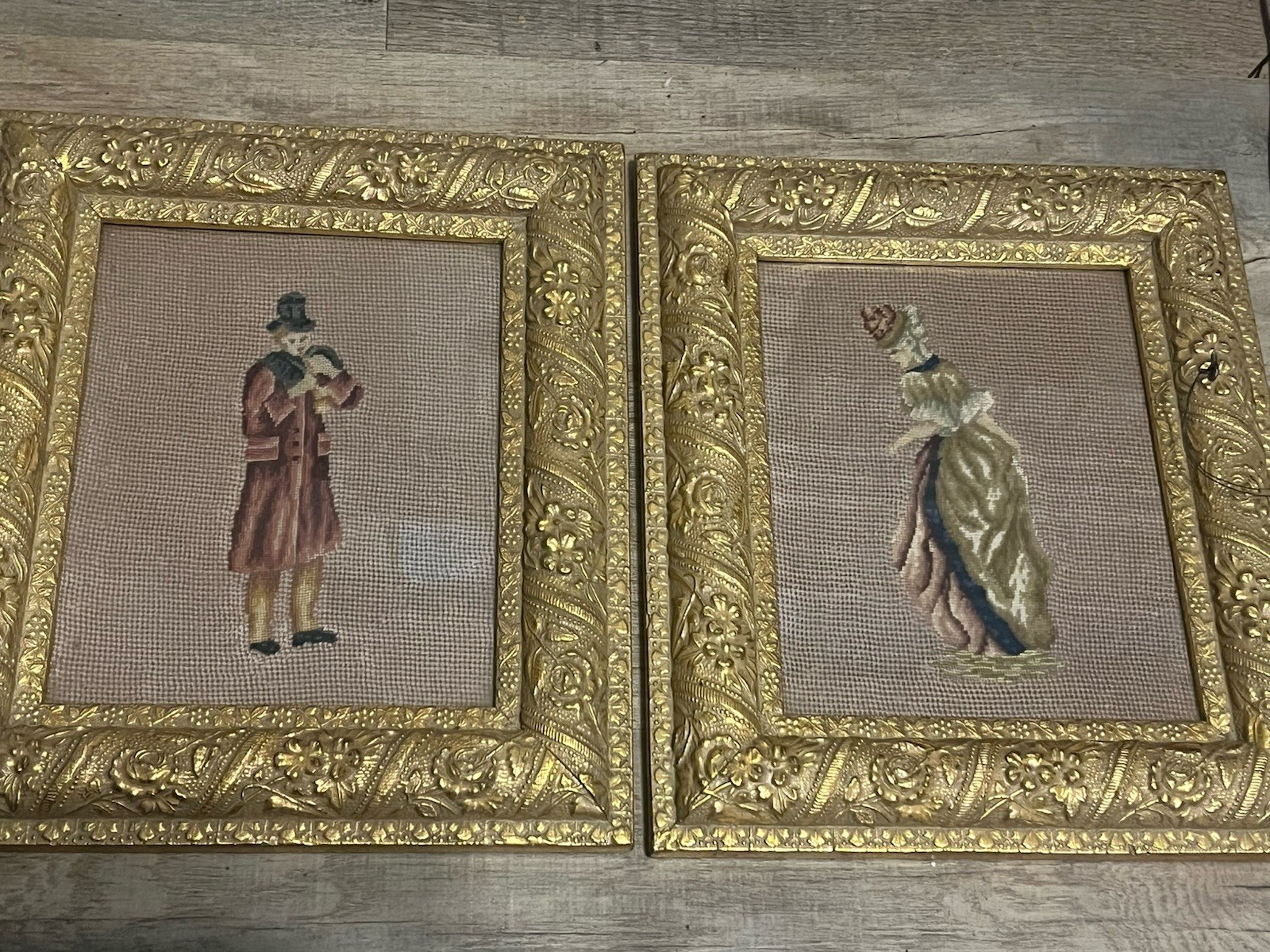 Antique Victorian Needlepoint Picture Frames Pair Ornate Gold Gilt 14”x12”