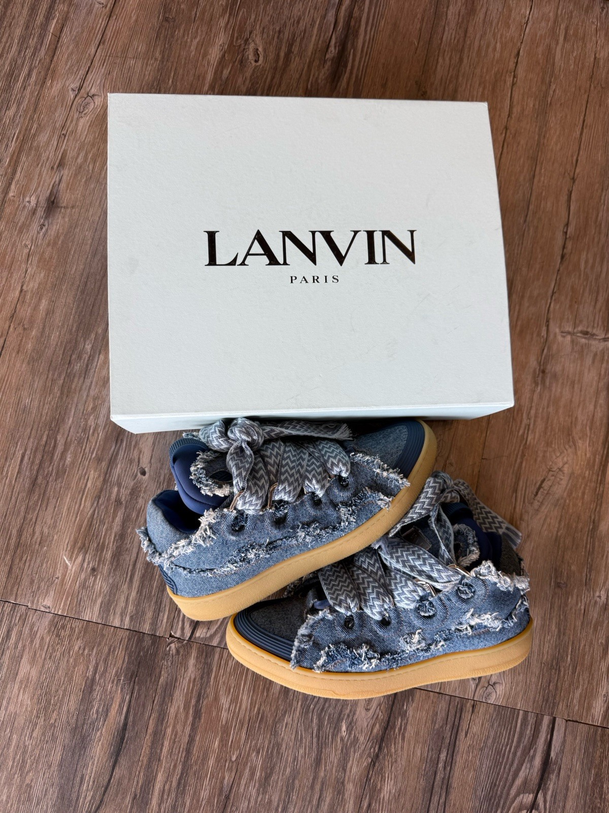 Lanvin Curb Men's Denim Fringe Lace-Up Sneakers Blue/Beige  EU 45