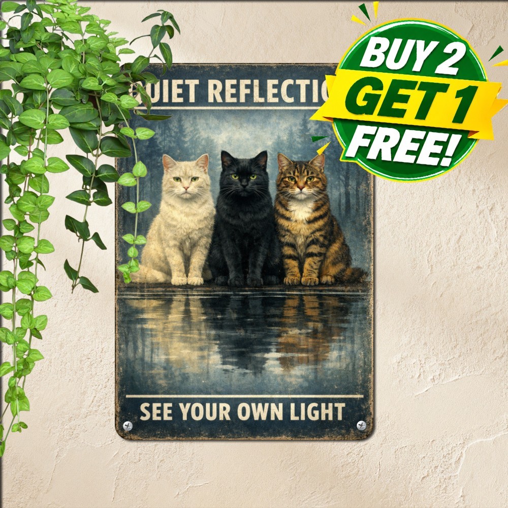 Trio Of Cats Reflection Water Sign Charming Feline Companion Metal Plaque 8x12
