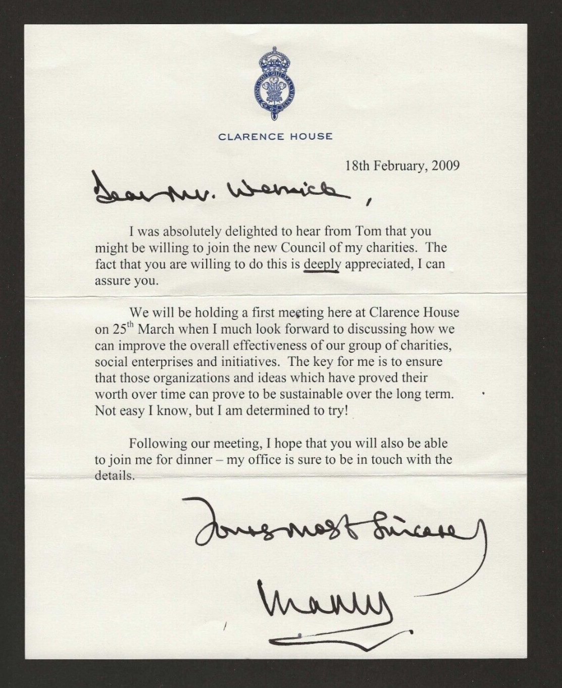 KING CHARLES III of United Kingdom Signed Letter 2009, Clarence House, JSA LOA