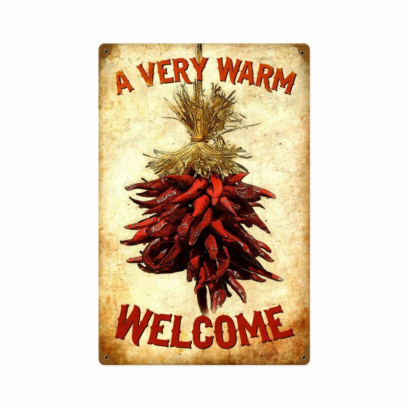 A VERY WARM WELCOME RED CHILIES PEPPER HEAVY DUTY USA MADE METAL HOME DECOR SIGN