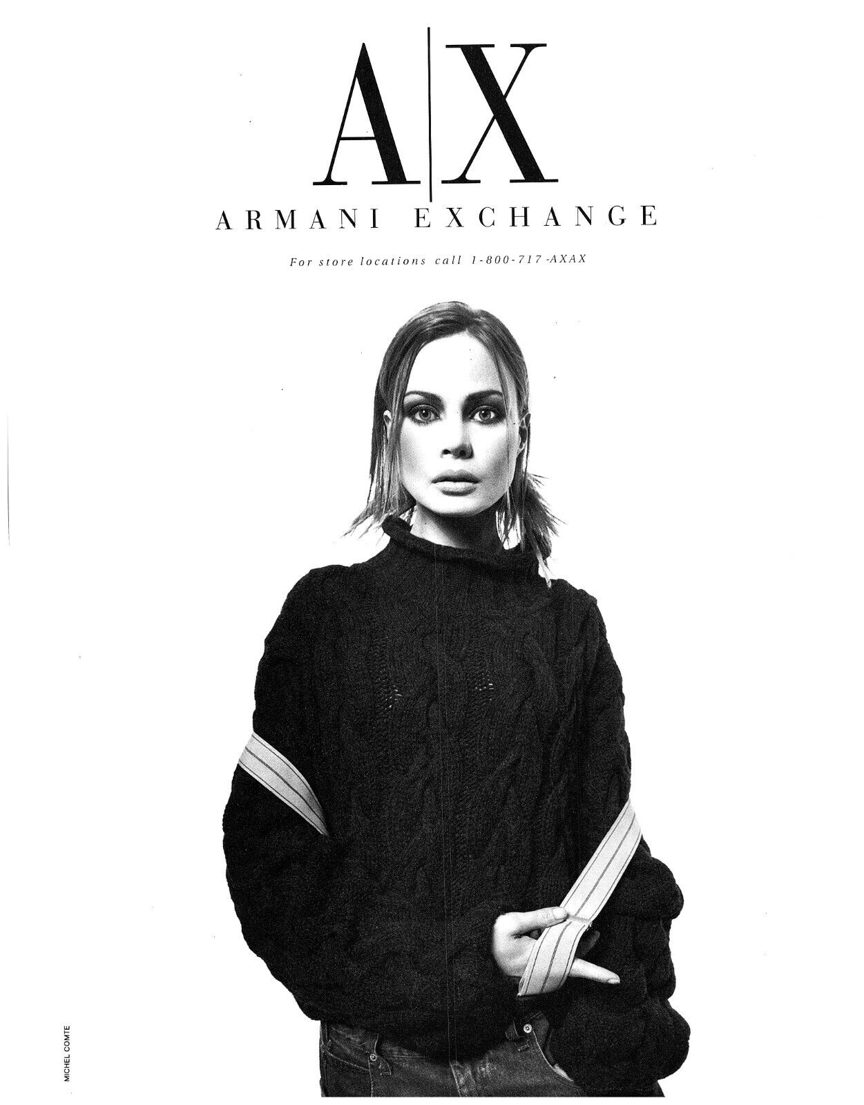 1995 Armani Exchange Print Ad, A/X Cute Model Oversized Knit Sweater Suspenders