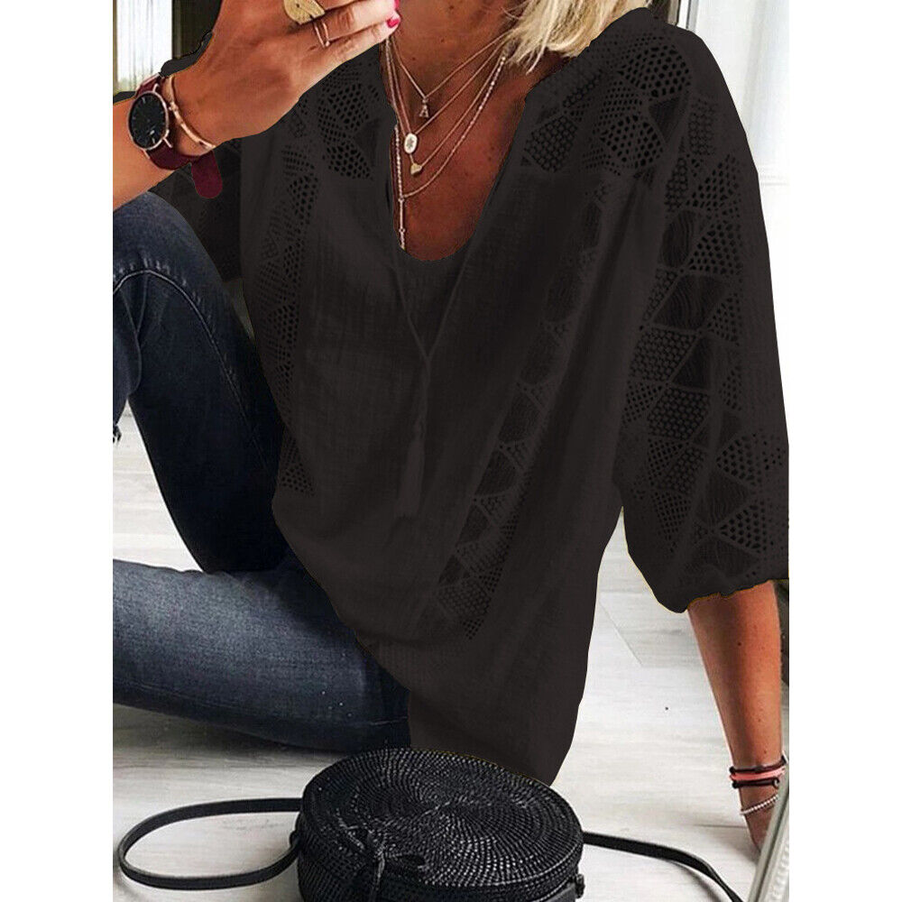 Women Sexy Lace 3/4 Sleeve Baggy T-Shirt Casual Blouse Holiday Tops Plus Size