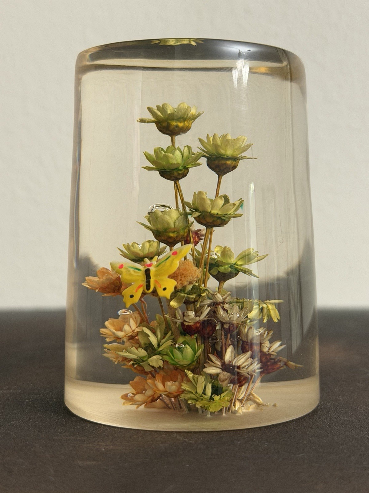 Vintage Lucite Dried Flowers Acrylic Paperweight MCM Butterfly 2 3/4\