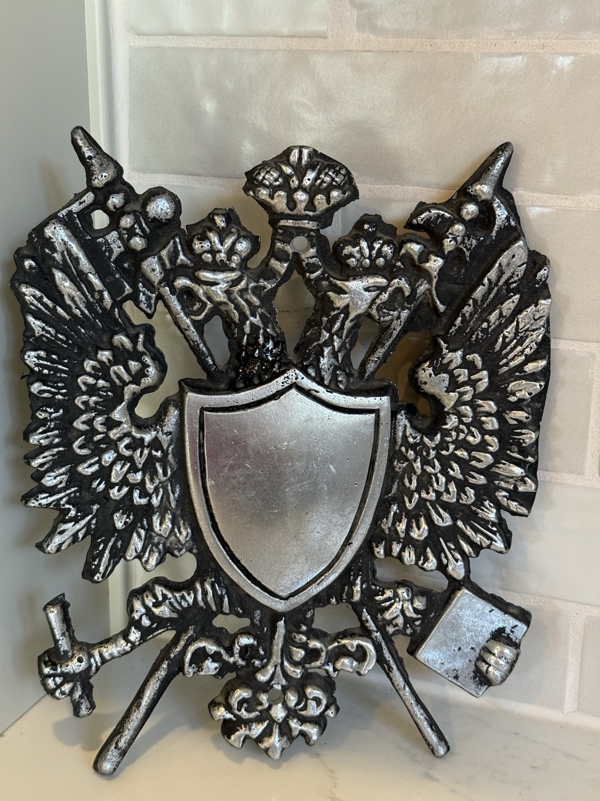 Vintage Heraldic Coat of Arms Wall Plaque Silver Tone Double Eagle Medieval Deco