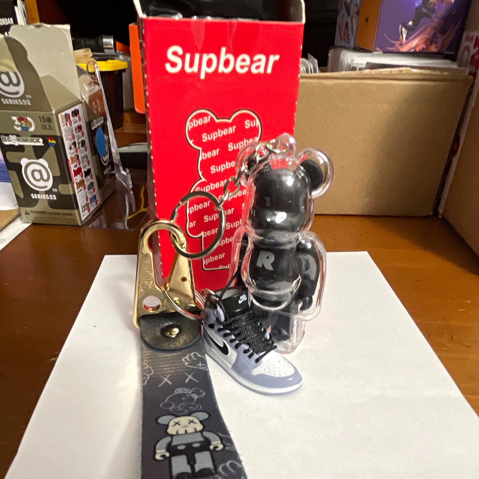 Supbear Bearbrick R Figure Keychain w/ Black/Gray Sneaker Charm, Trigger Clip