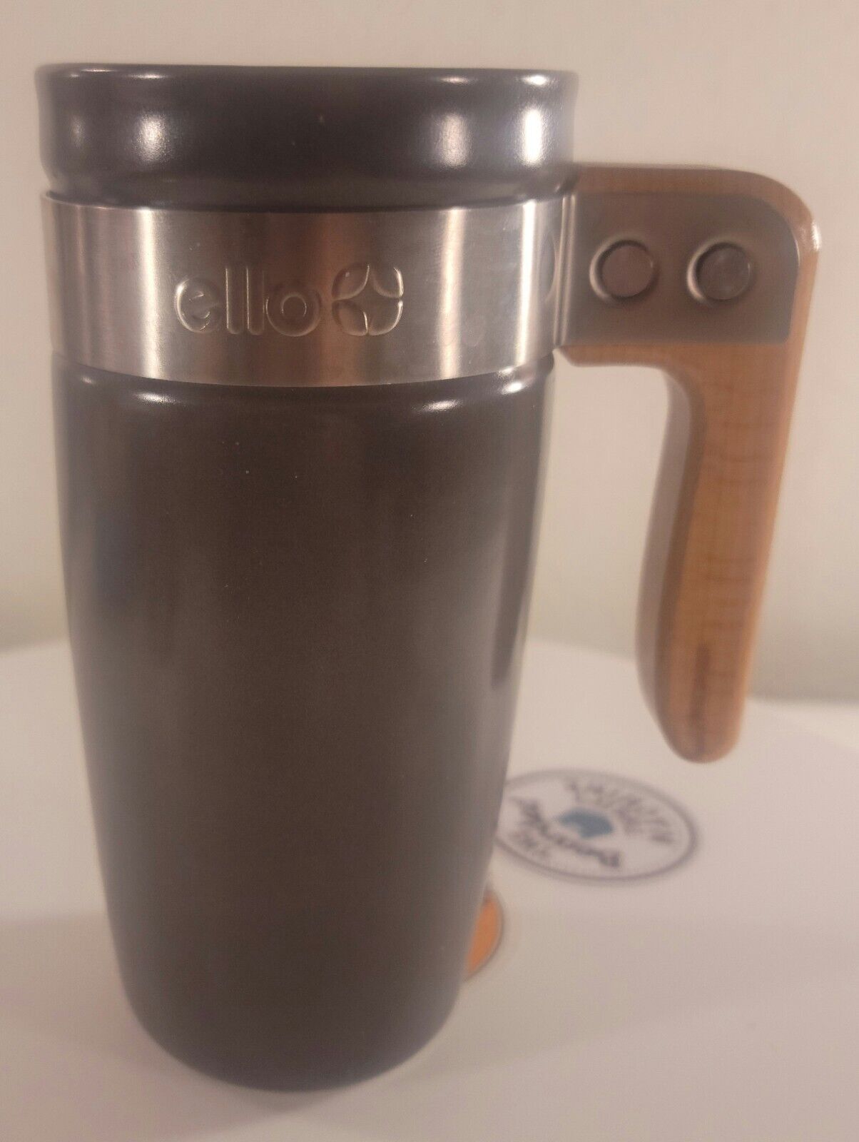 Ello Fulton 16oz Grey Ceramic Travel  Mug Solid Wood Handle  B-4