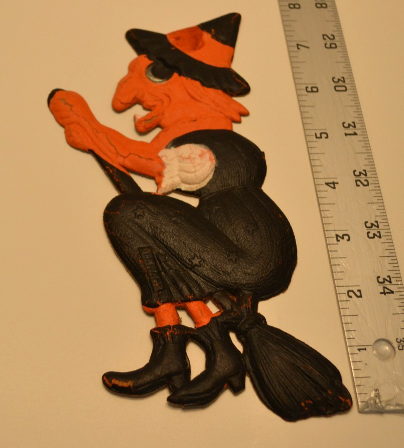 Vintage Antique 1920's Embossed Die Cut WITCH W/ Broom  Germany Left Facing
