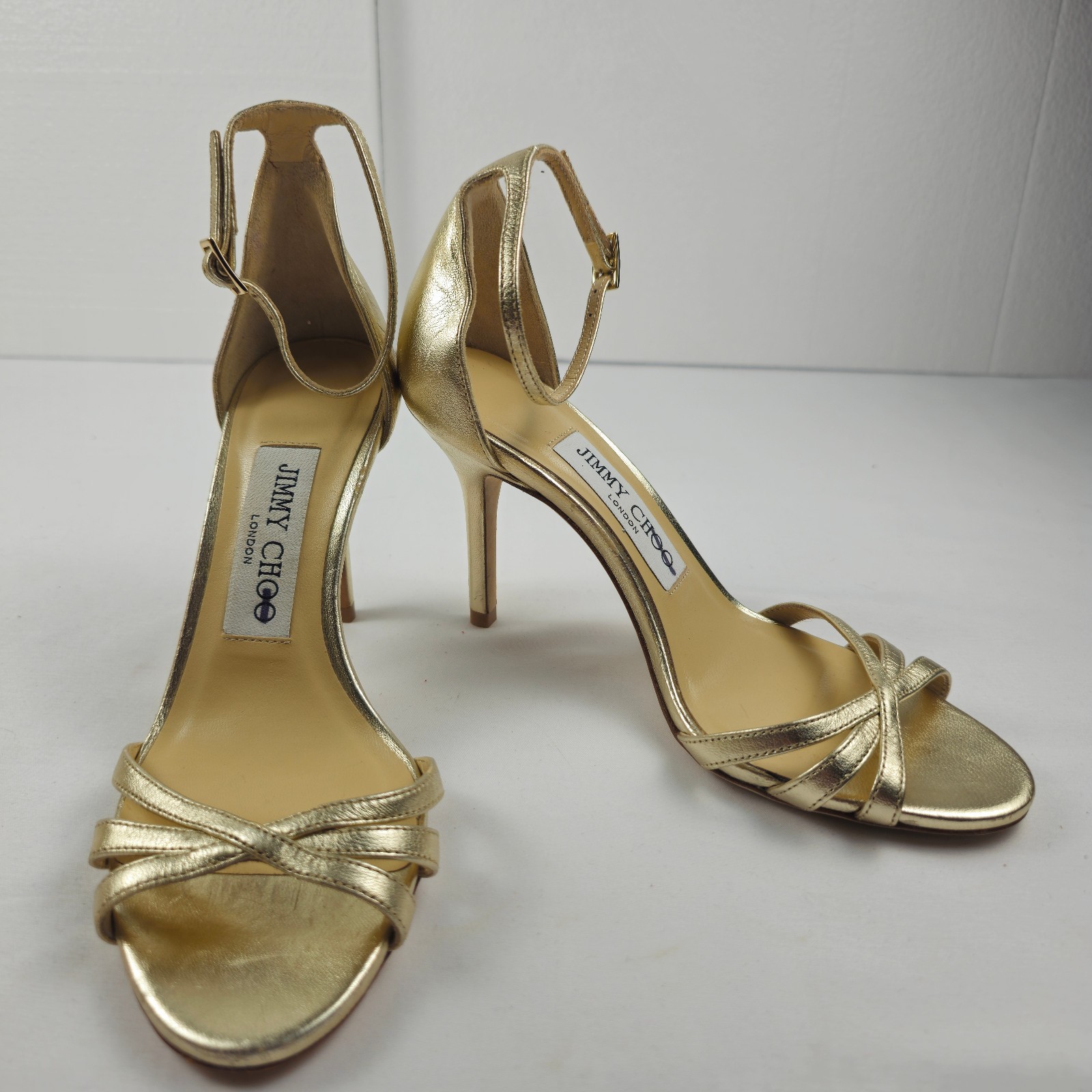 Jimmy Choo Gold Leather Strappy Ankle Strap Stiletto Heels Sandals EU34.5 US4.5