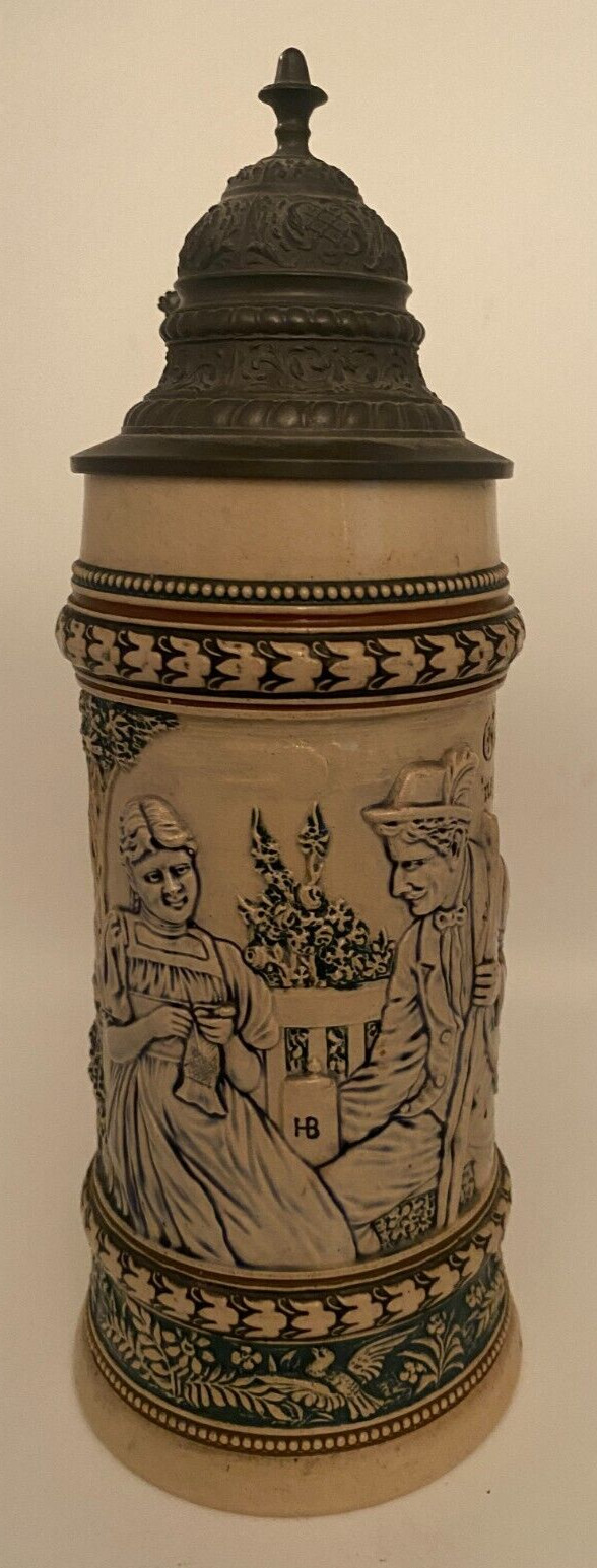 Vintage HB Beer Stein With Lid & Embossed Details Rare  1/2 Liter