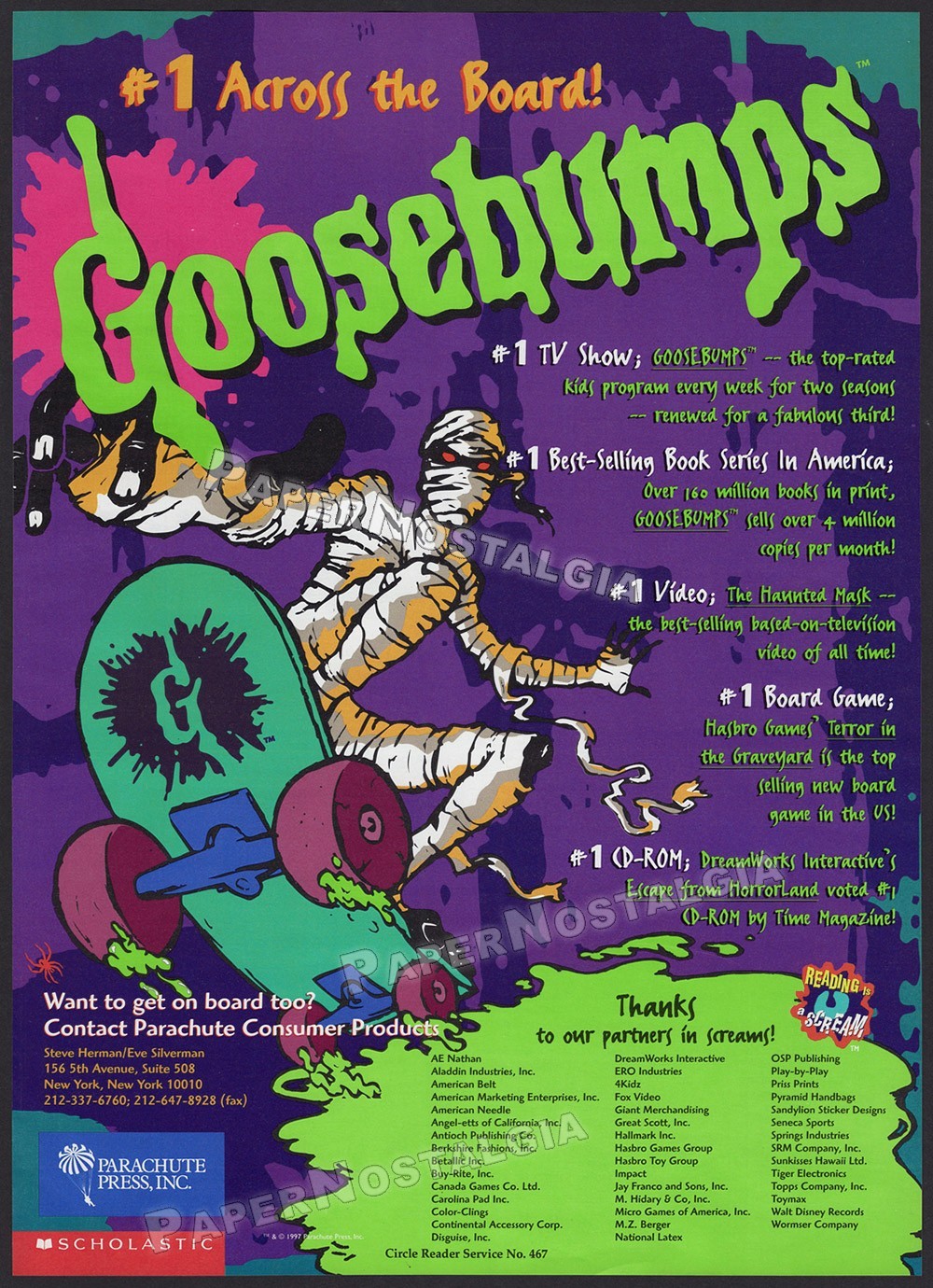 GOOSEBUMPS – Original 1997 Trade AD / poster – Mummy Skateboard Art – Scholastic