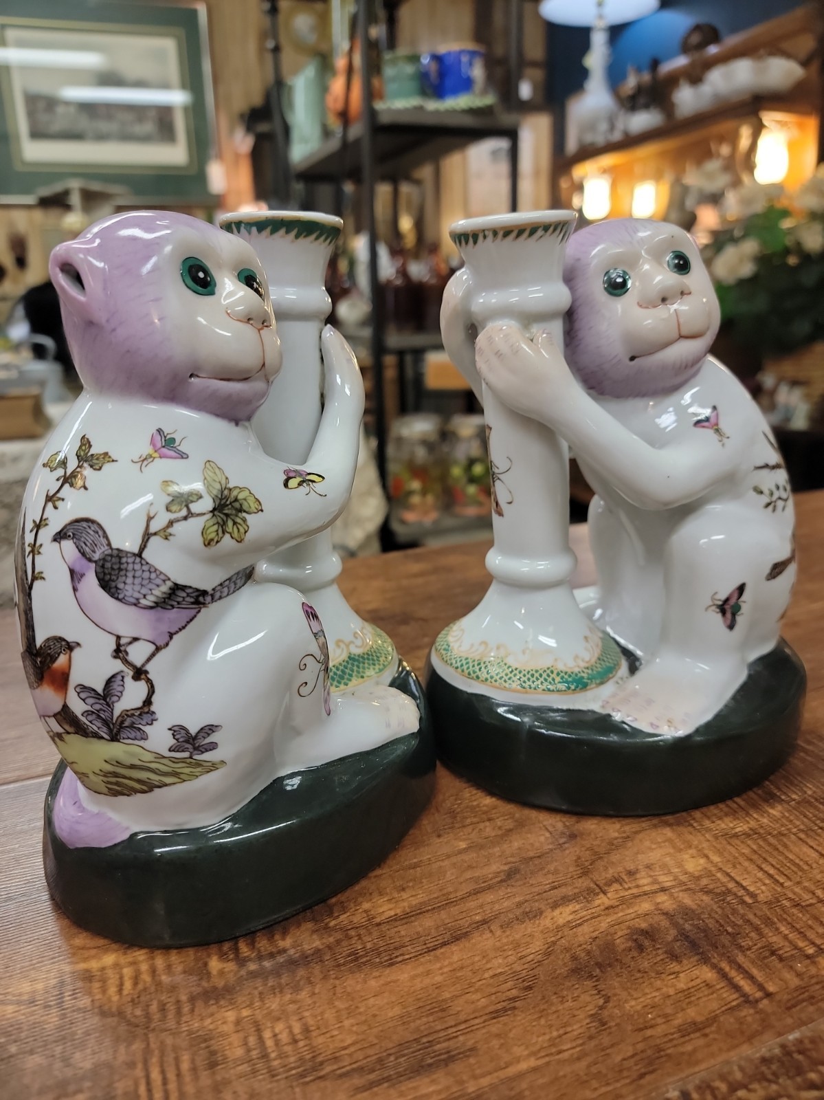 Wong Lee 1896 Vintage Chinese Monkey Candle Holders Birds and Butterfly Pair