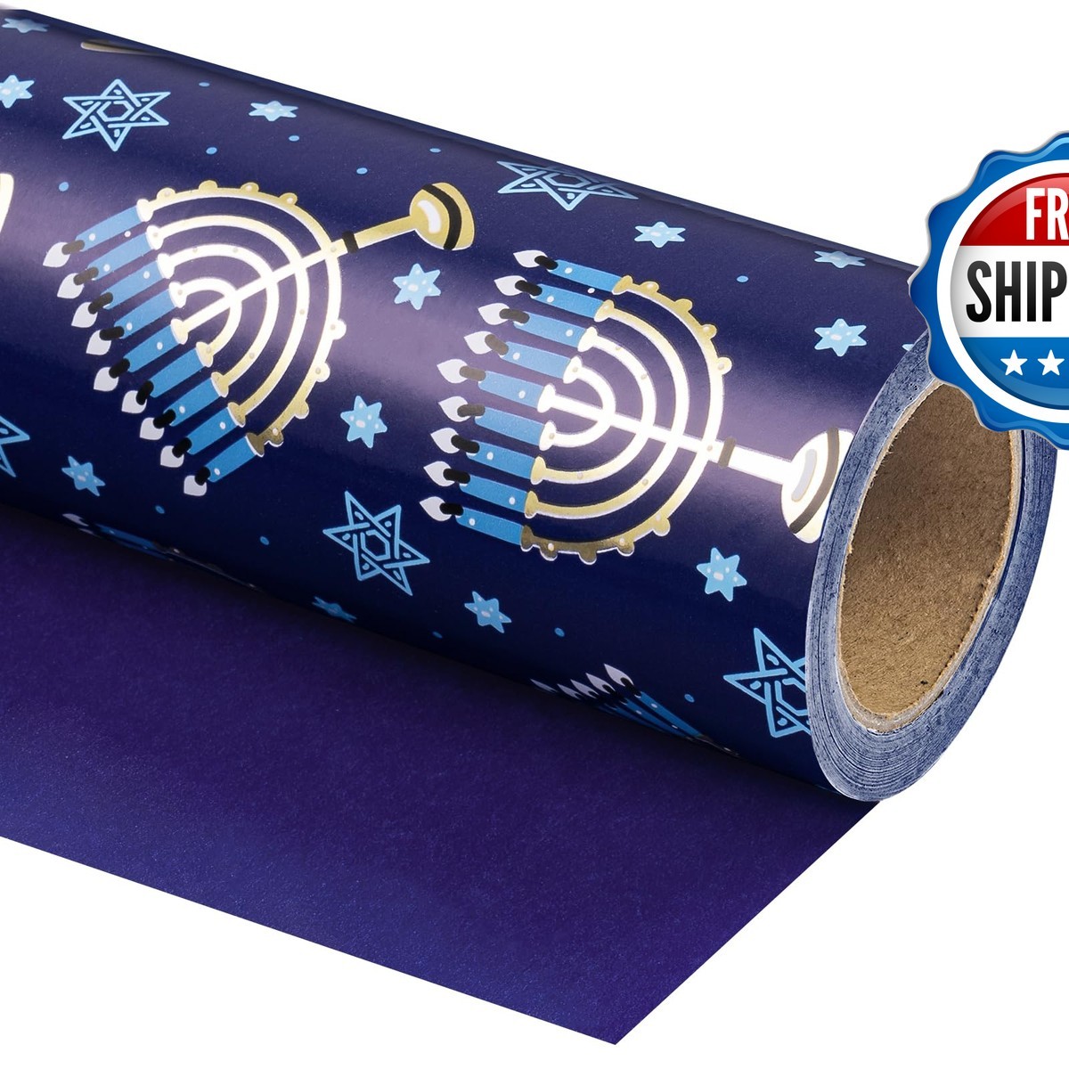 WRAPAHOLIC 30x100 ft Jumbo Roll Hanukkah Wrapping Paper - Blue Menorah Lights