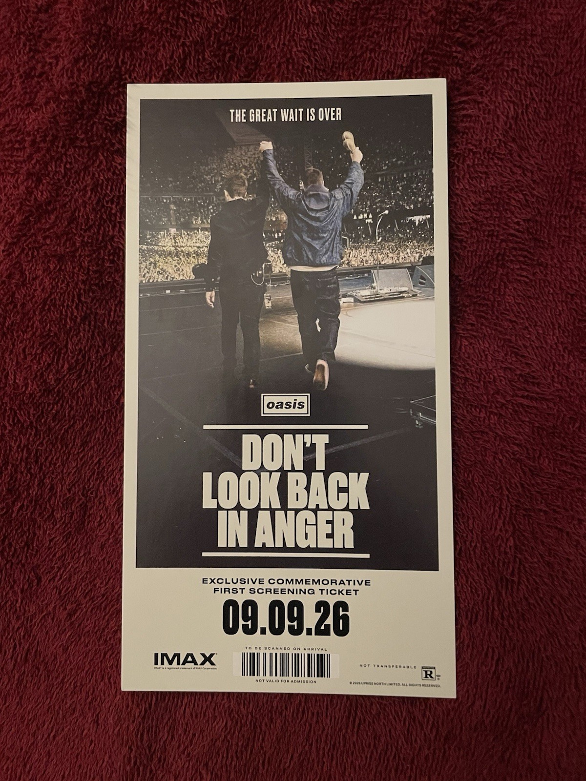 OASIS Don’t Look Back In Anger Collectible IMAX Movie Ticket 9/09/2026 LTD ED