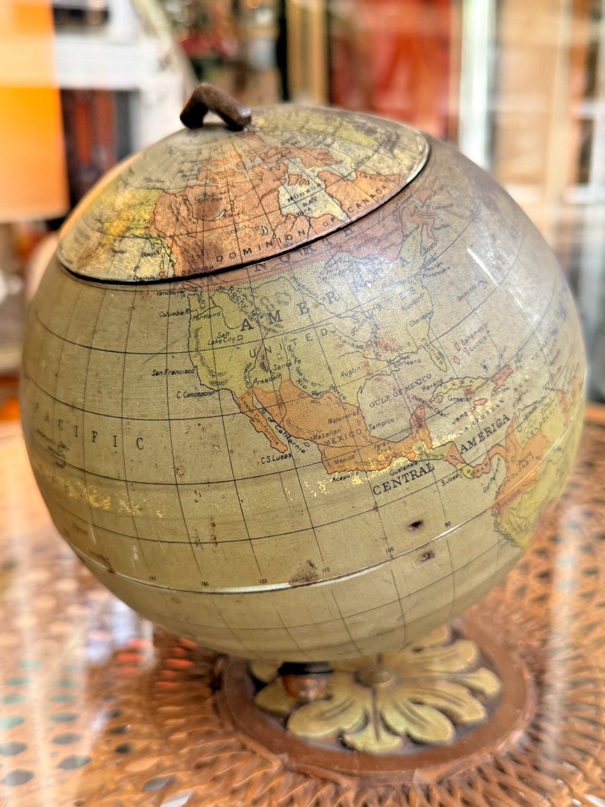 1906 Antique Huntley Palmers UK Terrestrial Geographic Globe Biscuit Tin Jar Box