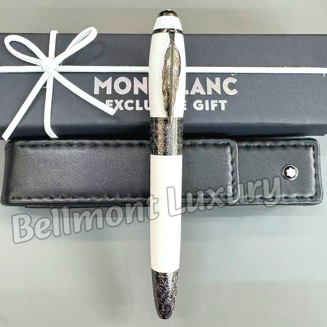 MONTBLANC Daniel Defoe White Fountain Pen Ornate Silver Trim Rare Collector