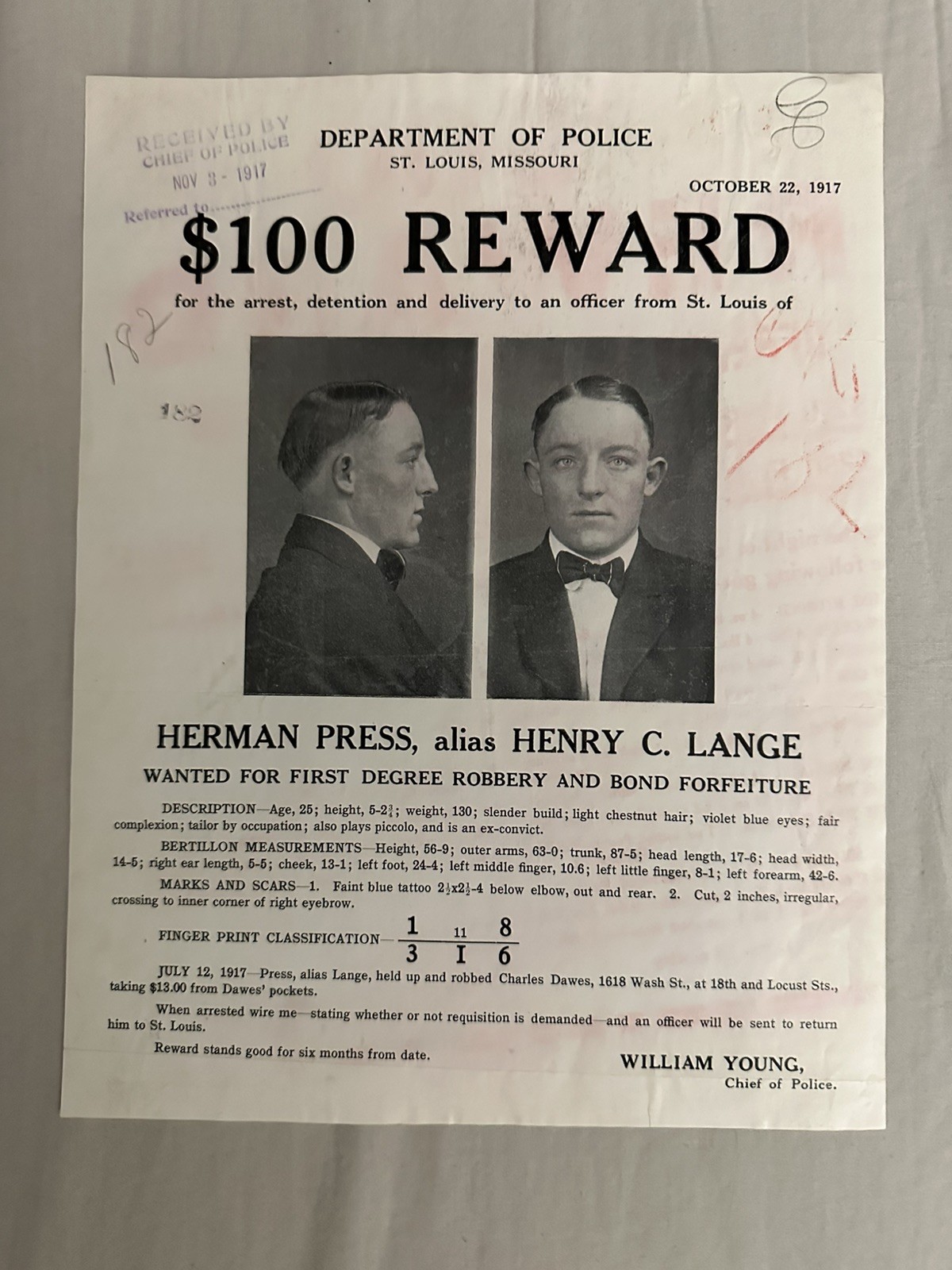 Antique 1910s WANTED POSTER Reward Poster Wanted ST. LOUIS MISSOURI Police