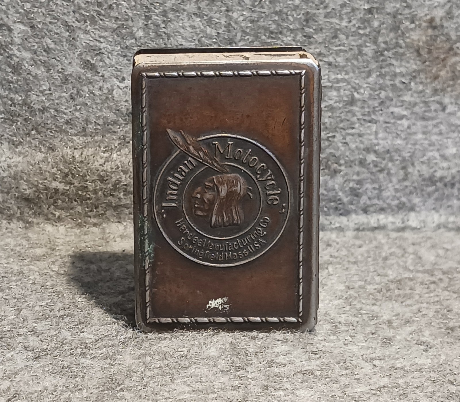 Antique 1915 Indian Motocycle Matchbox Holder Sleeve Hendee Mfg Mergott NJ