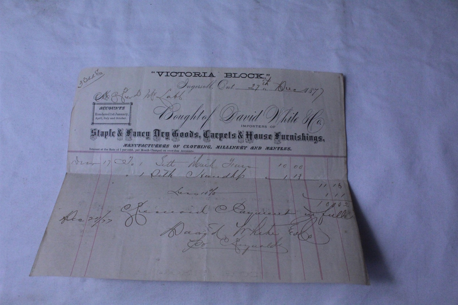  1877 Merchants Receipt Ingersoll, ONT David White Co. Vintage