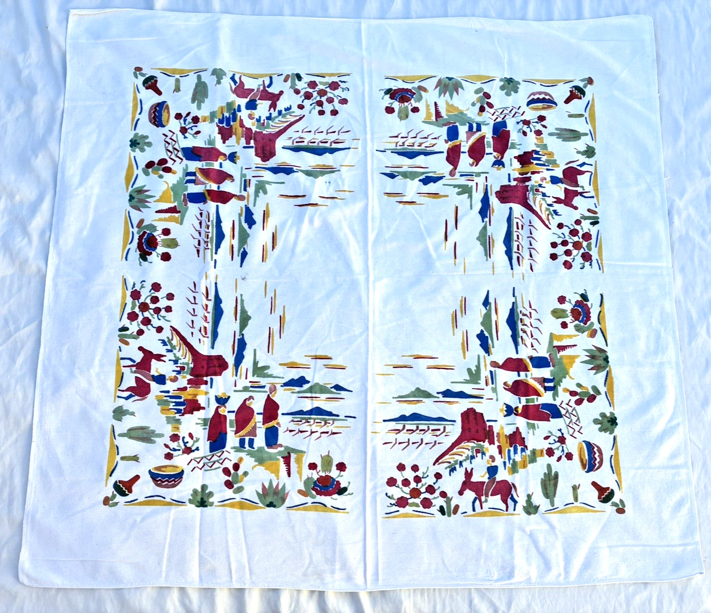 Vintage Southwest Mexican Native Mesa Luncheon Card Tablecloth 48x47” MCM 1950s