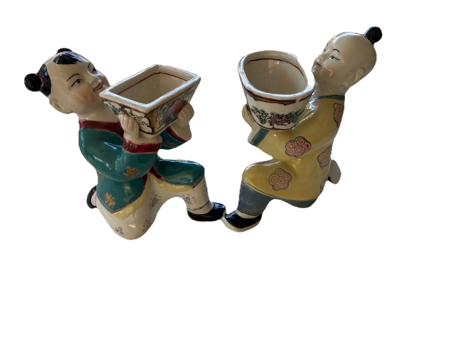 Vtg Antique Chinese Hand Painted  Ceramic Boy Girl Kneeling Basket  Figurines
