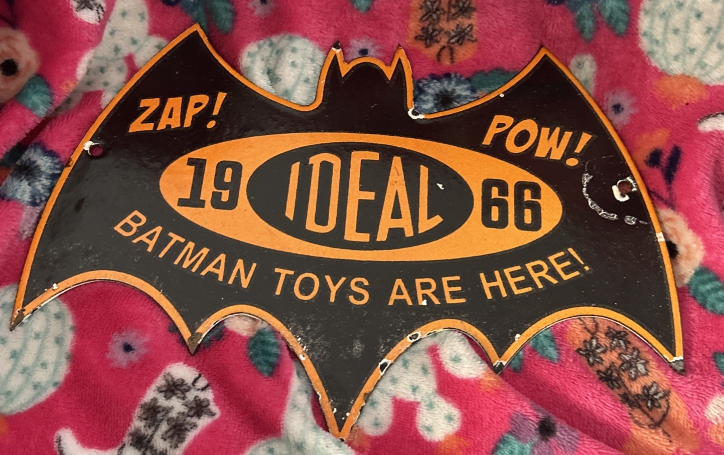 VINTAGE 11x8 in IDEAL BATMAN TOYS ARE HERE ADV SIGN HEAVY METAL PORCELAIN