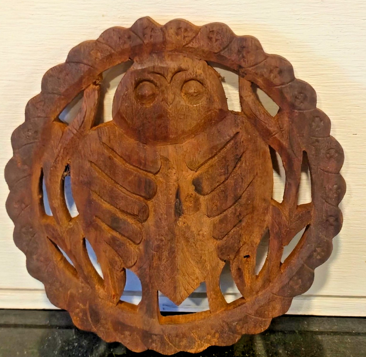 Vintage Hand Carved Wooden Owl Trivet Rustic Folk Art Wall Hanging Decor boho