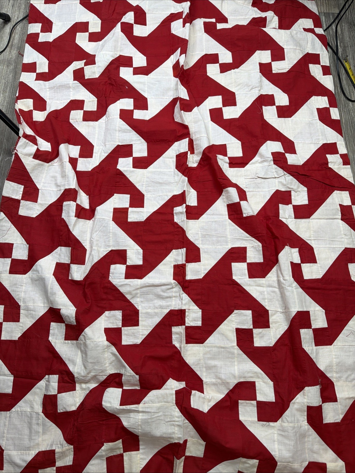 Vtg Snail Trail Quilt Topper Red White 65x87 Unfinished